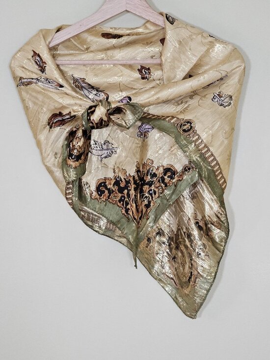 Unbranded Silk Scarf Womens 31 x 32 Inches Multicolor Gold Floral Feathers Print - Picture 14 of 15